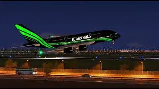 A380 Preto com Detalhes Verdes e a Frase &ldquo;Eu Amo Avi&atilde;o&rdquo; Pousa &agrave; Noite em Cena Espetacular