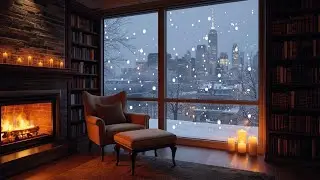 Peaceful Winter Night ,Fireplace Glow, Piano and Snowfall