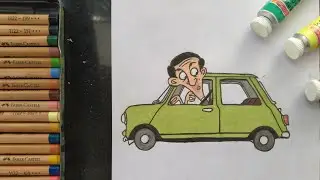 DRAWING Mr.BEAN  WITH CAR CARTOON || COLOR BOX