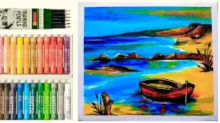 Lonely Sea-Boat Scenery Painting | Simple seashore with boat | Step by Step with Oil Pastels Drawing