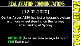 (Real ATC) У самолета Airbus A330 авиакомпании Qantas после приземления отказала гидравлическая система и управление носовым колесом.