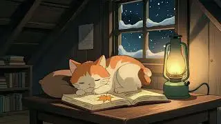 Cozy Old Bookstore Attic with Snowfall & Cat ASMR Relaxing Piano Music for Deep Sleep & Study 深