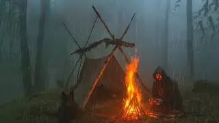Solo Survival in a Foggy Forest | Building Shelter & Campfire