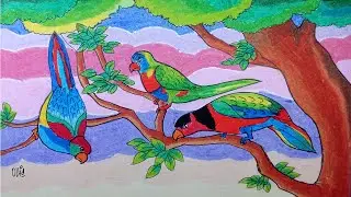Cara Menggambar Burung Nuri Dan Pemandangan Alam Dengan Crayon/Oil Pastel
