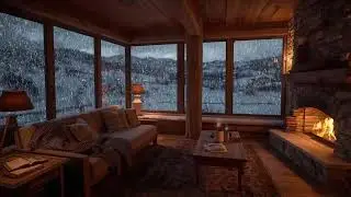 Cozy Winter Living Room | Snowy Valley Night & Fireplace Ambience
