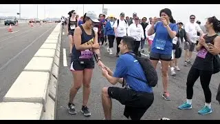Happy US Navy Couple Gets Engaged Atop San Diego Coronado Bridge at Navy's Bay - Bridge Run & Walk