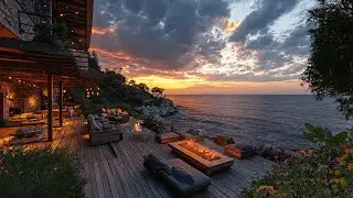 Peaceful Resort Ambience Overlooking The Sea | Firepit, Ocean Waves, Crickets, Evening Breeze