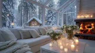 🎹Cozy Winter Piano Ambience | 5 Hours White Lounge with Fire & Snowfall | Relax Unwind Study Healing