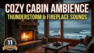 Cozy Cabin Ambience with Crackling Fireplace & Ocean Waves Sounds | Deep Sleep, Relax, Study