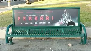 Michael Mann Ferrari Bus Bench Adam Driver Penelope Cruz Los Angeles California USA December 9, 2023