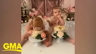 Twins enjoy their first birthday by munching face first on cake | GMA