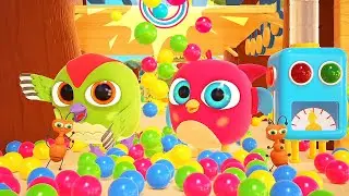 Quantos brinquedos interessantes! Desenho animado infantil do Hophop, a coruja. Desenhos animados