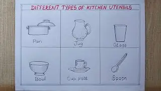 Different types of Kitchen Utensils drawing easy| 6 Kitchen Utensils drawing| Pencil Chart drawing