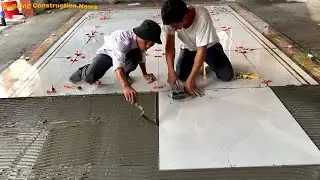 Workers Build Professional Living Room Floors Using Beautiful Spanish Pattern Ceramic Tiles