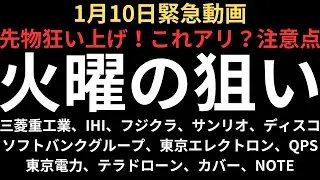 【日本株緊急】先物狂い上げ！注意点も？火曜の注目銘柄チャート｜三菱重工業、IHI、フジクラ、サンリオ、ソフトバンクグループ、東京エレクトロン、ディスコ、東京電力、テラドローン、カバー、NOTE、QPS