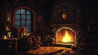 Pixel Girl Reading By The Fire - Rain In A Dark Stone Room For Relaxation