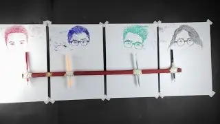 drawing four different faces at same time with pen (stick)