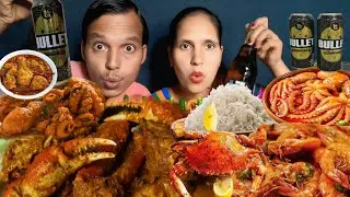 Prawns Fish Curry | Chicken Curry Crabs Gravy Octopus Curry | Egg Curry Rice With Beer Asmr Eating |