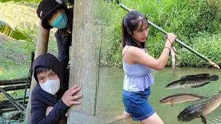 The girl went fishing and met two bad guys. What did she do to escape from the two bad guys?