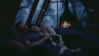 Forest Rain in Wooden Cabin with Fireplace | Deep Sleep Background Sounds with Rain on the window