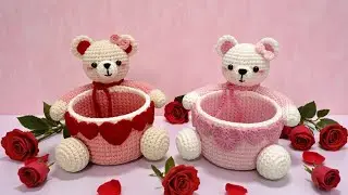 Perfect Ideas for Valentine Decoration / Gift ❤️ Crochet Bear Basket Decorated with Hearts ❤️