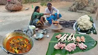how to clean and cook CHICKEN SPARE PARTS recipe by tribal family | cauliflower chicken parts recipe