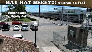 HAY HAY HEEEY!!!!  Amtrak #2 (24) Passing Willcox (MUST WATCH THE HAY TRUCK RACING THE GATE)