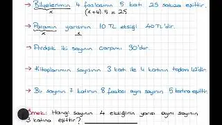 7. Sınıf Denklemler - Matematik Diline Çevirme - Denklem Kurma
