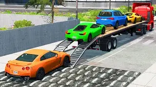 Street Cars Transportation on Truck City Car Rescue - Cars vs Numerous Speed Bumps - BeamNG.drive