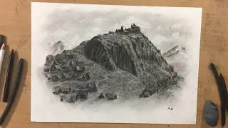 Рисунок углем, изображающий Эдорас &mdash; Королевский зал на холме.