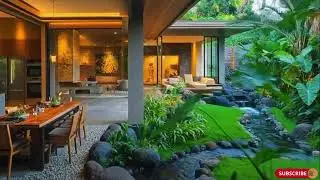 🛑 Modern Luxury Open Plan Kitchen and Dining Room with Indoor Waterfall Courtyard