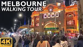 Melbourne City Night Walking Tour - From Swanston Street to Fed Square | 4K Video