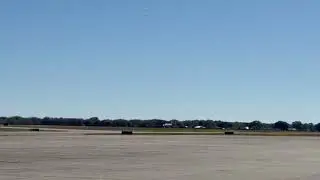 Big five blade propeller plane, taking off from Sebring regional airport