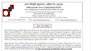 ISP Nashik Junior Technician 2022 | ISP Nashik Recruitment 2022 | SMPCIL Nashik Recruitment 2022