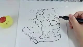 Cute Kitties & Giant Strawberry Cake Coloring
