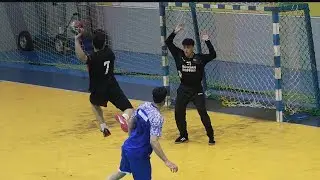 Turning handball goalkeeper with ball,for game