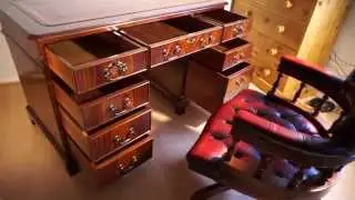Antique Style Twin Pedestal Mahogany Writing Desk & Chesterfield Captains Chair