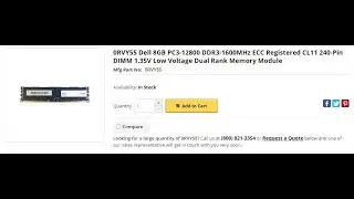 0RVY55 Dell 8GB PC3-12800 DDR3-1600MHz ECC Registered CL11 240-Pin DIMM 1.35V Low Voltage RAM Module