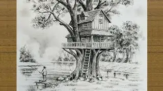 How To Draw Three House || A Tree House Landscape Scenery Pencil Drawing 