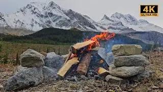 4K UHD 🏔️ Mountain Fresh Snow Line Campfire 🔥 Wood Burning Sounds | 2 Hours Real Outdoor Fireplace