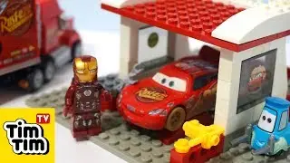Lightning McQueen Garage Iron Man Lego Brick Building Superhero Stop Motion for Kids