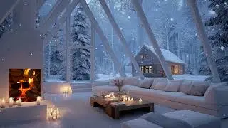 White Winter Piano Lounge ❄️ Cozy Fireplace & Snow Window Ambience for Study & Sleep