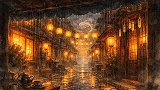 Lantern Alley at Night | Cozy Rain Sounds + Quiet City Ambience | Sleep + Study + Reading