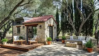Cozy Tiny House Patio With Warm Wooden Pergola And Relaxing Outdoor Seating Area