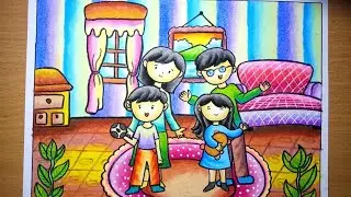 Cara menggambar dan mewarnai tema : aku dan keluargaku dengan gradasi | How to draw happy family