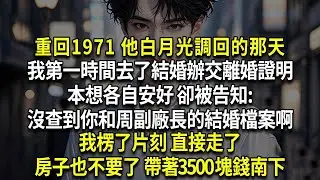 重回1971 他白月光調回的那天，我第一時間去了結婚辦交離婚證明，本想各自安好 卻被告知:沒查到你和周副廠長的結婚檔案啊，我楞了片刻 直接走了，房子也不要了 帶著3500塊錢南下