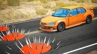 Cars Crashes into Spikes Ball Embedded in Road - BeamNG drive