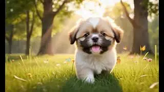 A Pixar style animated Shih Tzu puppy playing outdoors in a bright, sunny park  The puppy has fluffy