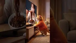 Cat Tries to Steal Noodles from the TV! 🍜📺 #Shorts #aiart #funny #뚱냥이 #cute #chubbycat #cutecat