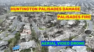 Huntington Palisades Damage Palisades Fire Aftermath Aerial View Flyover Drone Pacific Palisades